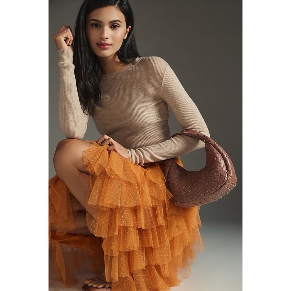 Anthropologie The Cheri Ruffled Tulle‎ Midi Skirt in Orange - Picture 2 of 8